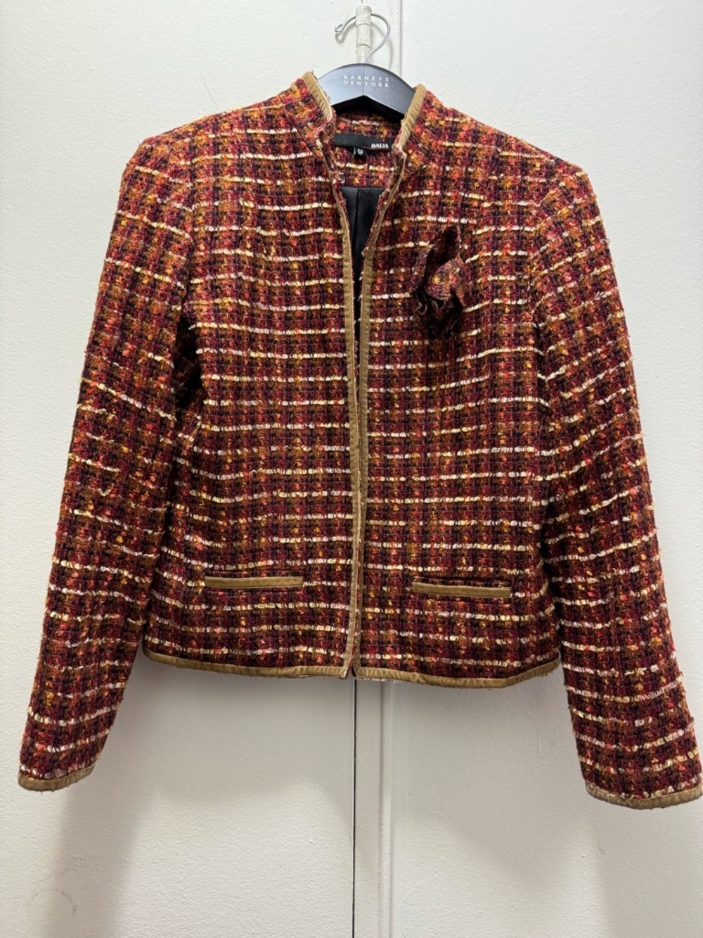 Dahlia Classic Tweed Jacket Pink Red & Brown Tweed Blazer Plaid Jacket Size 6